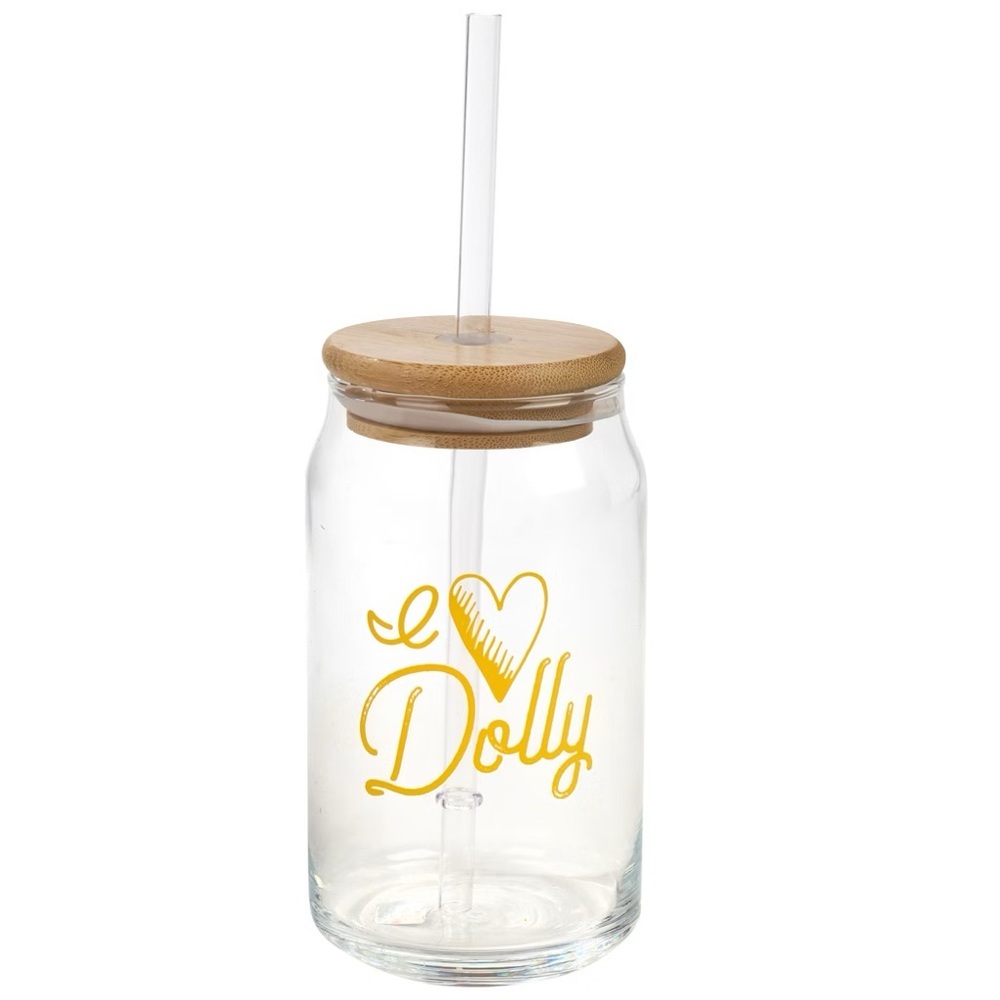 Dolly Parton 'I love Dolly’ Glass Cup with Straw and Bamboo lid